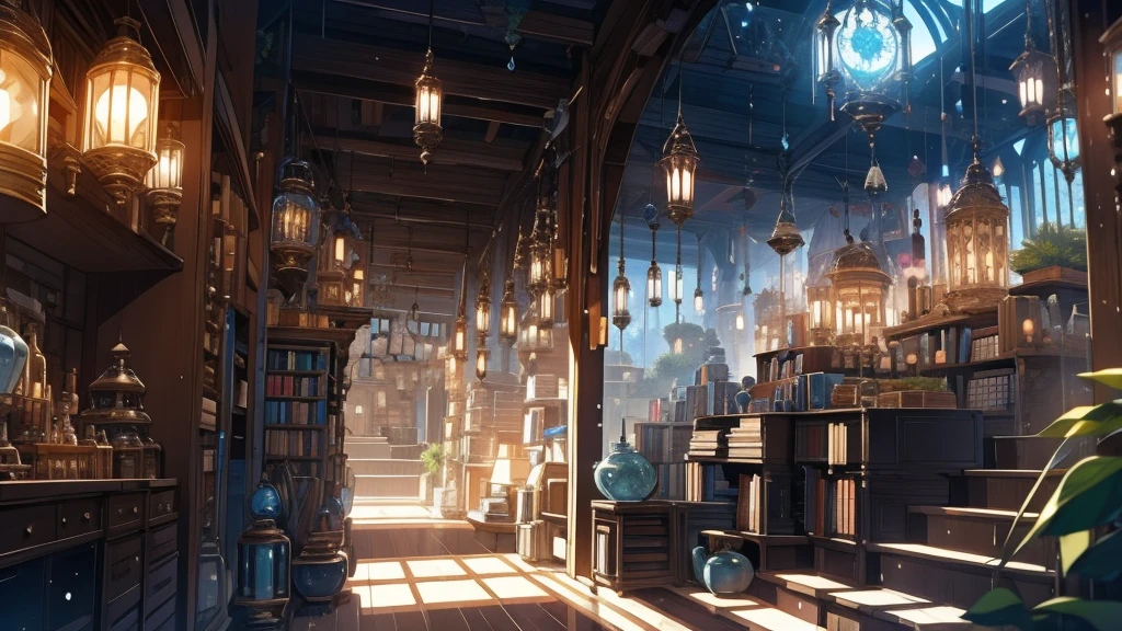 Fantasy Library interior, Many items at night, bookshelf, Magic Items, corridor