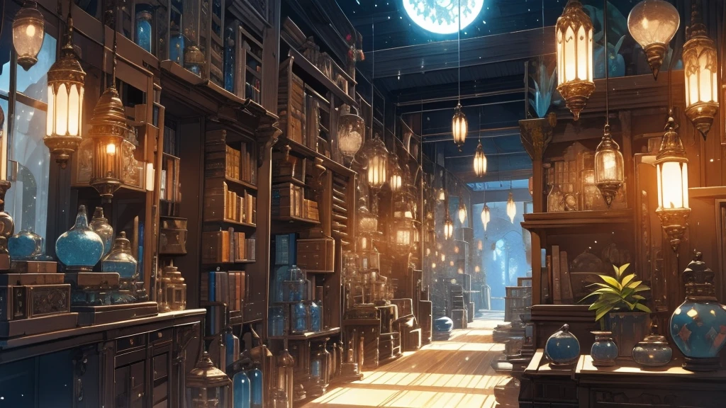 Fantasy Library interior, Many items at night, bookshelf, Magic Items, corridor
