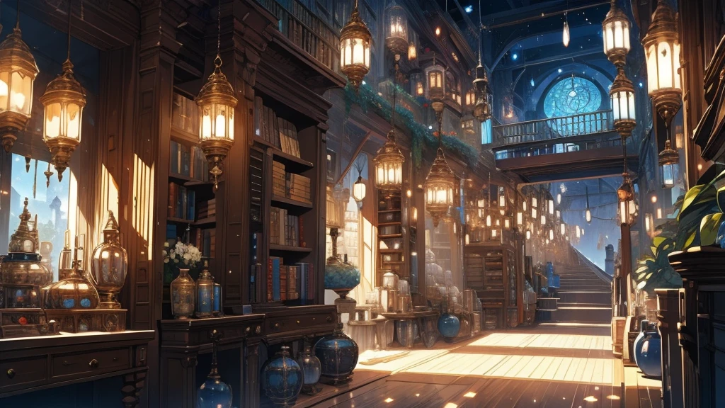 Fantasy Library interior, Many items at night, bookshelf, Magic Items, corridor