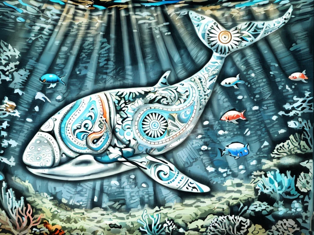 The image depicts a vivid underwater scene featuring a whale with a colorful, intricate pattern painted on its side, surrounded by various fish species.