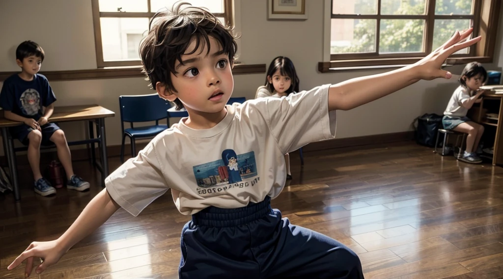 Photorealistic representation of a 7-year-old boy with straight dark brown hair, bangs covering his forehead and large, expressive brown eyes. Her round face and slightly rosy cheeks contribute to her innocent appearance. The boy is partially wearing a navy blue , consisting of a long-sleeved t-shirt and matching pants. He is dancing Popping, Dance Break in the classroom, while other children look on in amazement at his talent. The hopeful and melancholy atmosphere. Portraying the joy of an autistic boy in the mid-90s, meticulously capturing perfect dance break movements.