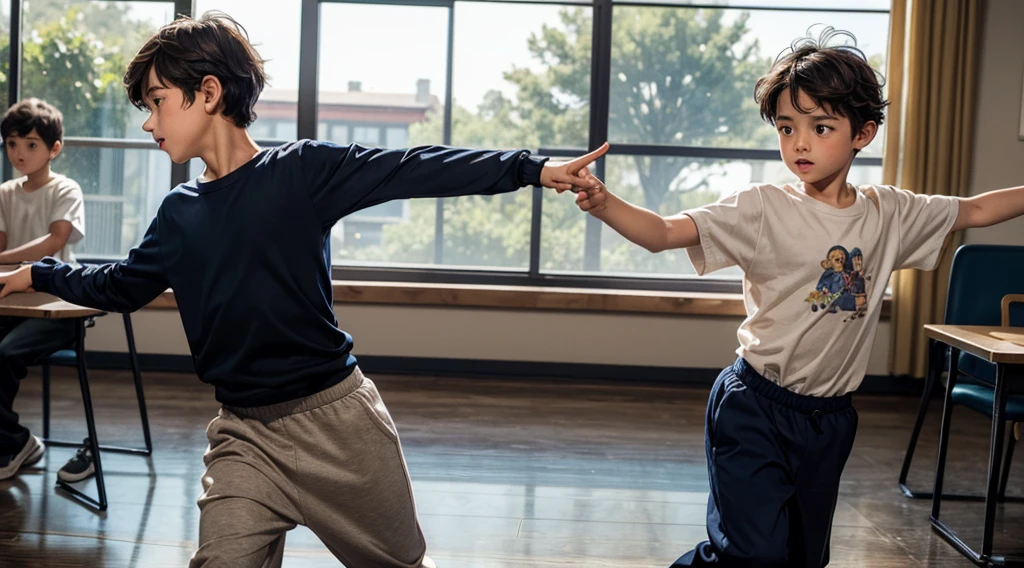 Photorealistic representation of a 7--old  with straight dark brown hair, bangs covering his forehead and large, expressive brown eyes. Her round face and slightly rosy cheeks contribute to her innocent appearance. The boy is partially wearing a navy blue , consisting of a long-sleeved t-shirt and matching pants. He is dancing Popping, Dance Break in the classroom, while other children look on in amazement at his talent. The hopeful and melancholy atmosphere. Portraying the joy of an autistic boy in the mid-90s, meticulously capturing perfect dance break movements.