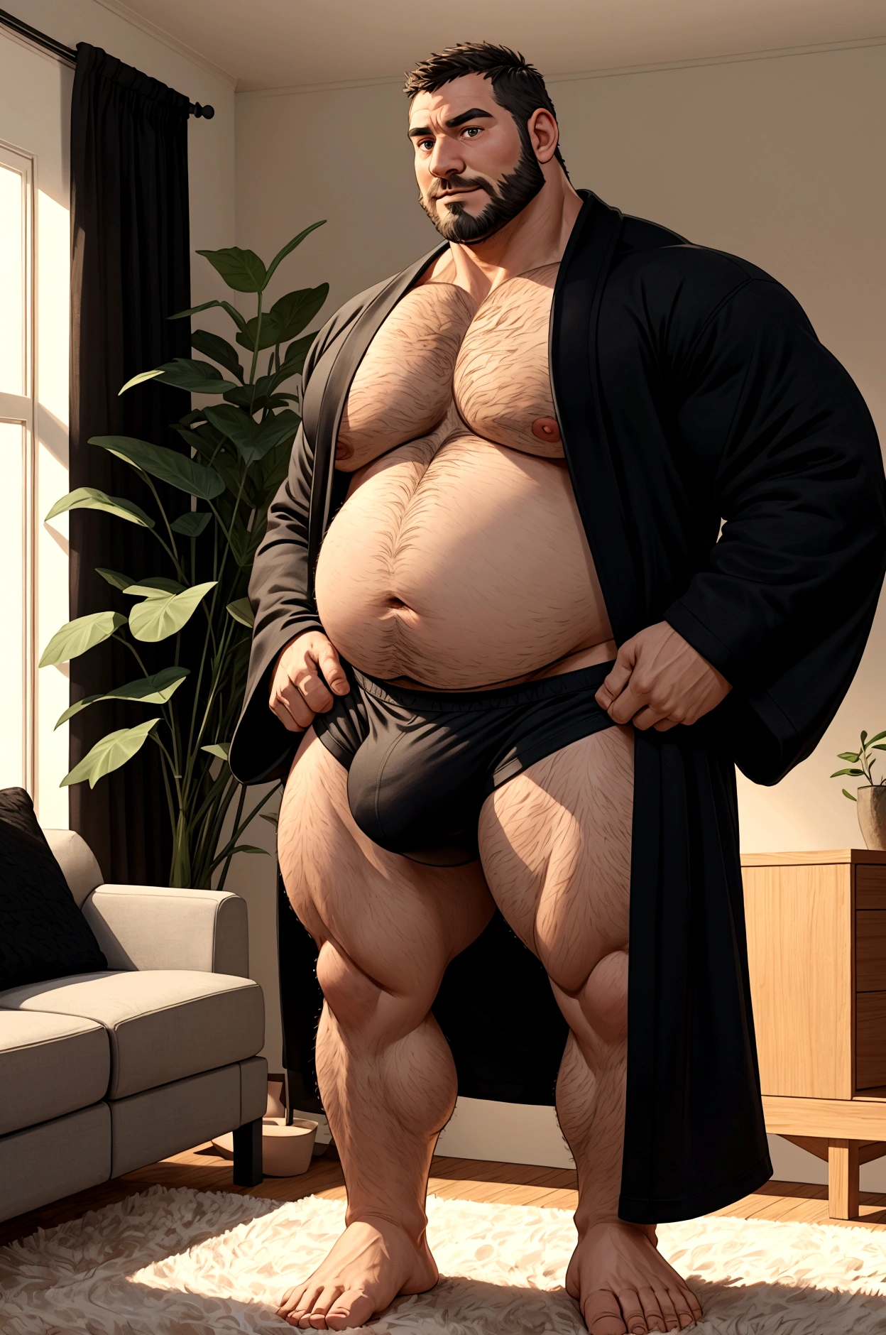 40 years old white Male, tall, giant body, handsome, dad bod, beefy, strong arms and legs, wide shoulders, a bit chubby muscle gut, a bit of fat but still very muscular, extremely hairy, a lot of body hair, short beard, wearing an untie black bathrobe with long sleeves, wearing a black boxer brief, unrealistic oversized big bulge, barefoot, smirking, modern minimalist living room