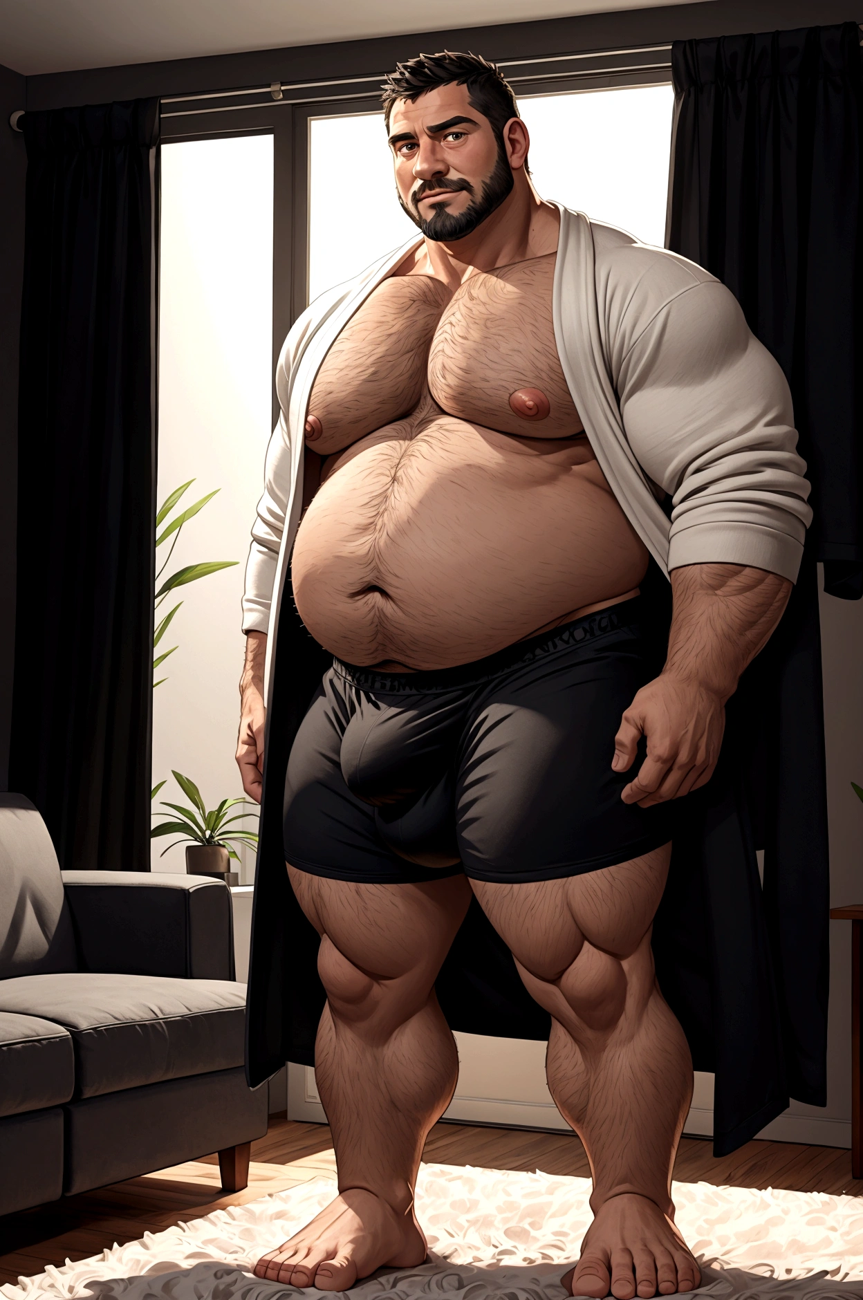 40 years old white Male, tall, giant body, handsome, dad bod, beefy, strong arms and legs, wide shoulders, a bit chubby muscle gut, a bit of fat but still very muscular, extremely hairy, a lot of body hair, short beard, wearing an untie black bathrobe with long sleeves, wearing a black boxer brief, unrealistic oversized big bulge, barefoot, smirking, modern minimalist living room