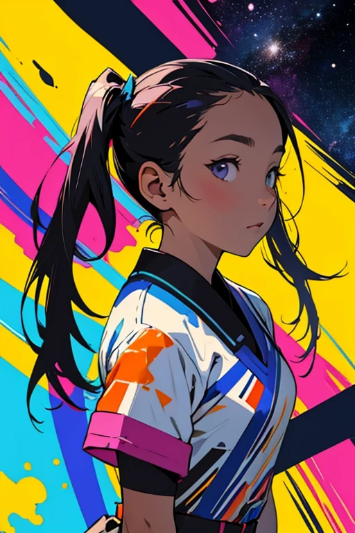 Partner、Twin tails, Vibrant colors, Bold brushstrokes, High contrast shadows. In the foreground, universe、whole body