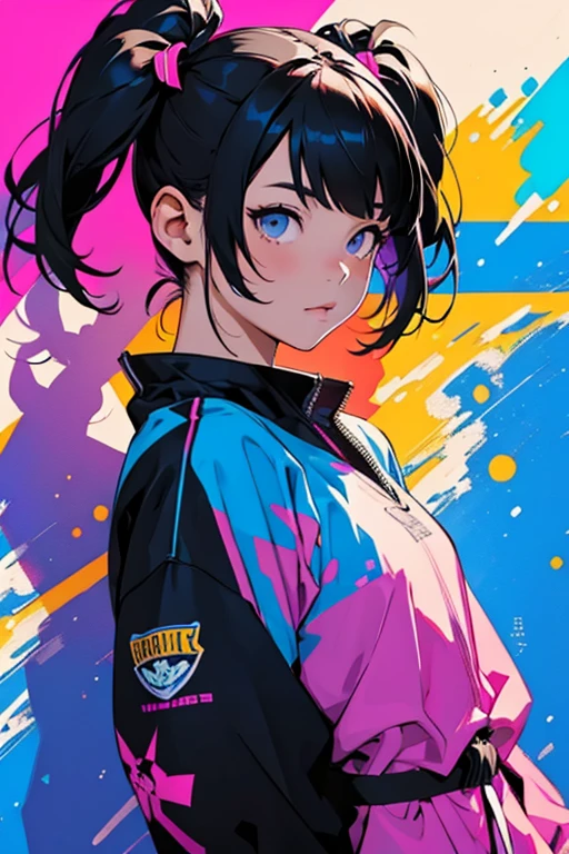Partner、Twin tails, Vibrant colors, Bold brushstrokes, High contrast shadows. In the foreground, universe、whole body