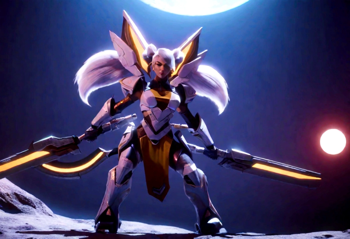 a giant mecha, female form, heavy battered armor, carrying a melee weapon, twintails, white with a random off color trim, powered by hope and love, posing on the moon, cinematic lighting, dramatic angles, highly detailed, 8k, hyper realistic, volumetric fog, glowing energy effects, stunning, awe-inspiring, intricate mechanical design, seamless integration of organic and mechanical elements, gleaming metallic surfaces, dynamic pose, moonlit background, sense of scale and grandeur, digital art, 3d render, unreal engine, cinematic composition, award winning cg artwork