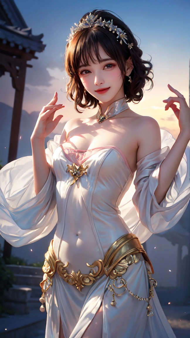 (shoot from front:1.2)Highest quality,4K,8K,High resolution,masterpiece,Has a shiny gem,goddess,Shrine maiden,short hair,Big eyes,Light brown hair,Mysterious atmosphere,smile,Small face,Gorgeous curly hair,Slim figure,Exposed shoulders