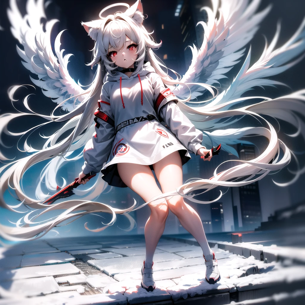 masterpiece, highest quality, highest resolution, clear_image, detailed details, White hair, long hair, cat ears, 1 girl, red eyes, white hoodie, gray futuristic halo (gray halo over the head), white wings (6 wings), cute, full body, no water marks, snow, city