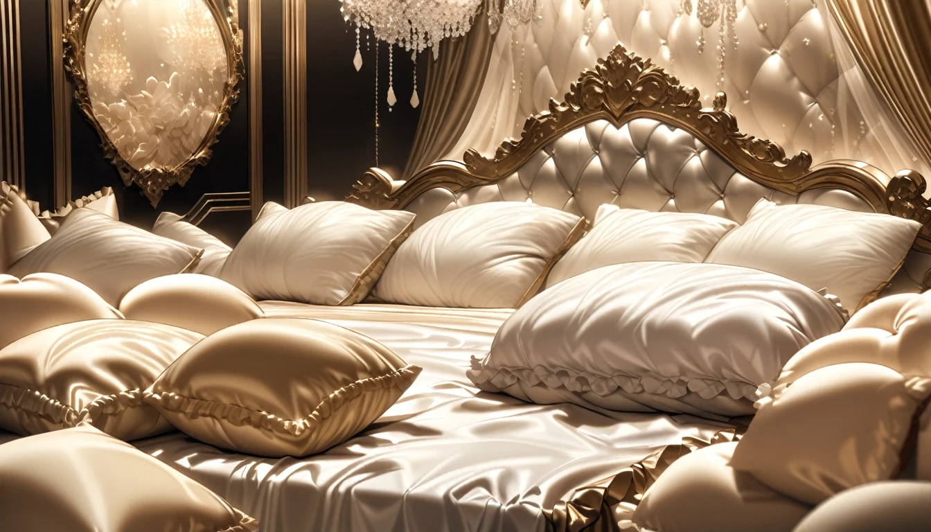 Lots of giant silk pillows. Luxurious and fluffy silk bed. White chocolate sauce splattered