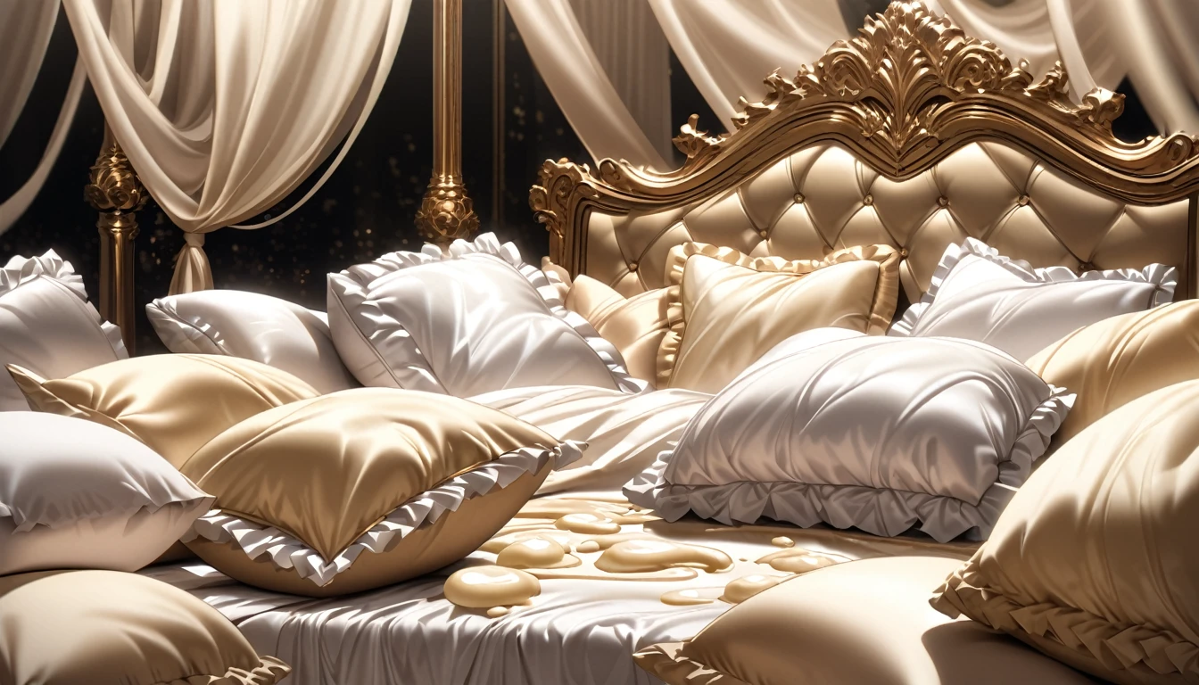 Lots of giant silk pillows. Luxurious and fluffy silk bed. White chocolate sauce splattered