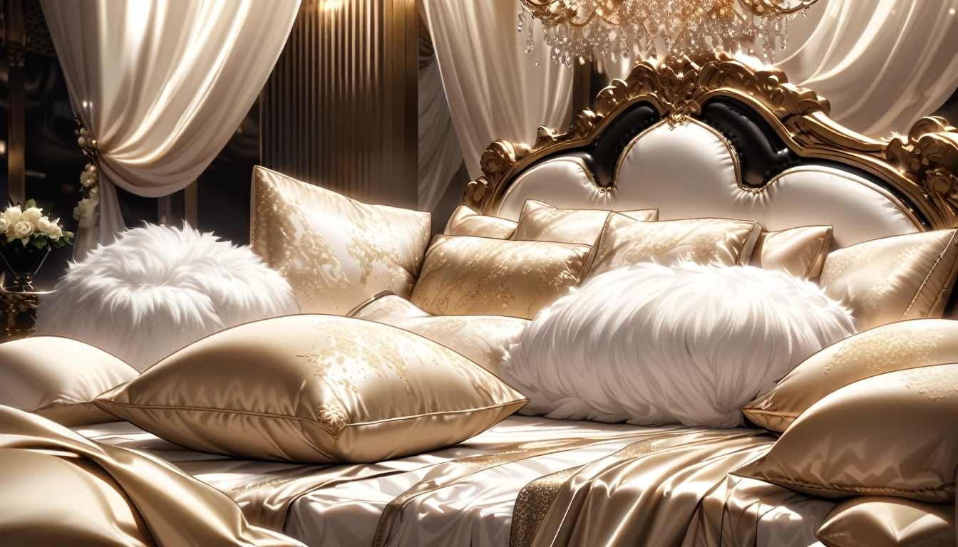 Lots of giant silk pillows. Luxurious and fluffy silk bed. White chocolate sauce splattered