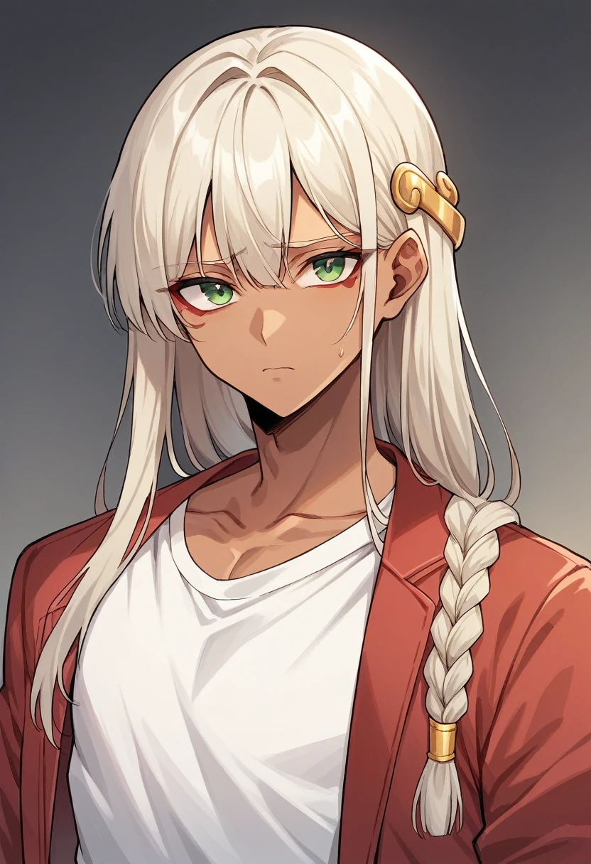 Masterpiece, Best quality, high resolution, high quality, 1 boy, Alone, looking at viewer, Upper body, anime, , Egyptian descent, very handsome, very feminine appearance, tanned skin, slanted green eyes, long hair chestnut hair tied up in a braid, sad expression, white V-shirt and red jacket.