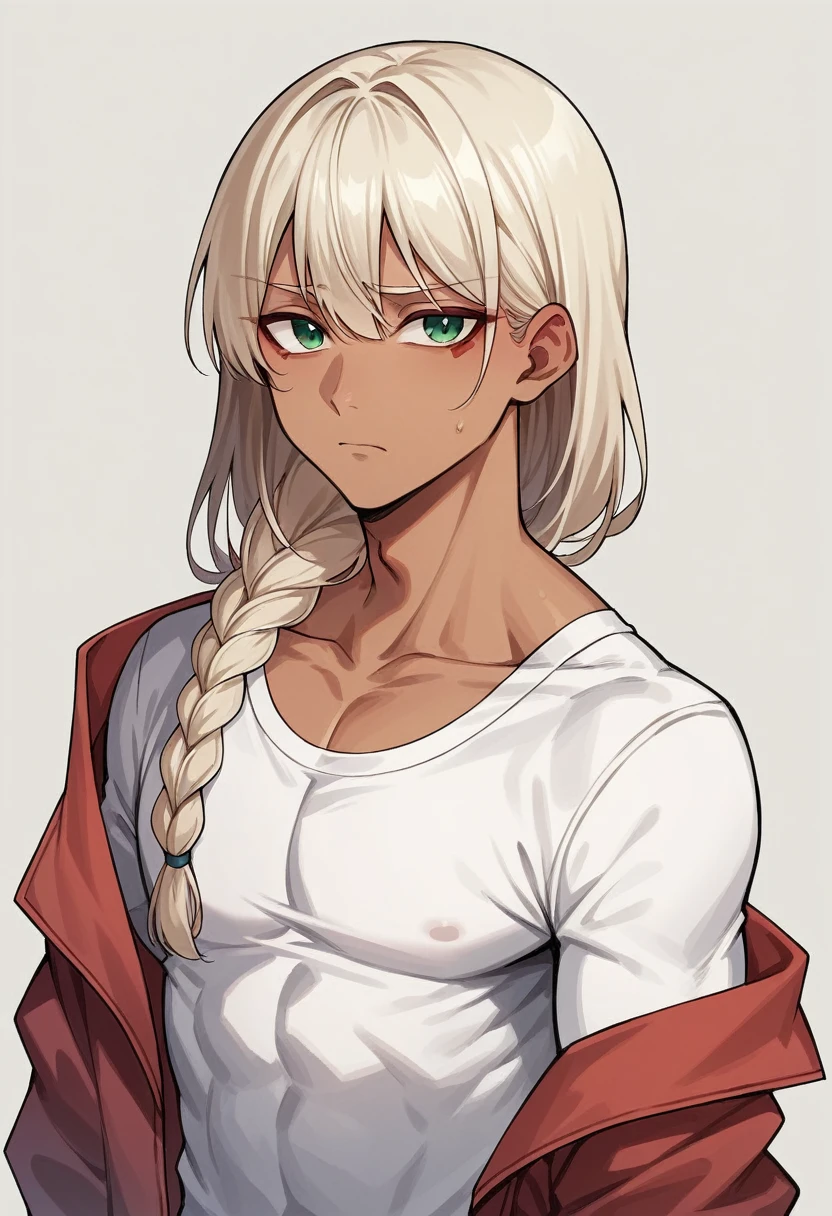 Masterpiece, Best quality, high resolution, high quality, 1 boy, Alone, looking at viewer, Upper body, anime, 15 years old, Egyptian descent, very handsome, very feminine appearance, tanned skin, slanted green eyes, long hair chestnut hair tied up in a braid, sad expression, white V-shirt and red jacket.