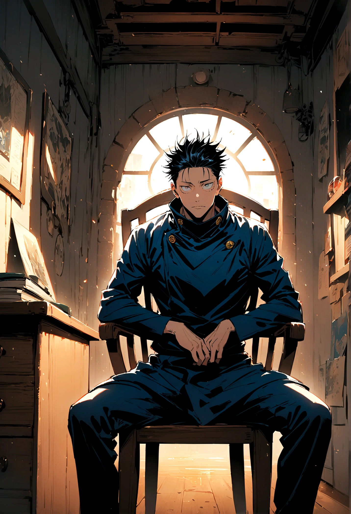 (1 guy,jujutsu kaisen), flat black hair, sitting in a chair and infront of a desk, facing viewer, artwork