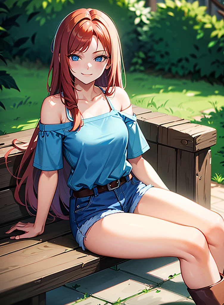 young girl of , long haired redhead with blue eyes, Short white off-the-shoulder shirt, bright blue short jean shorts, serious look, sitting, SMILE, smiling, short brown boots with white