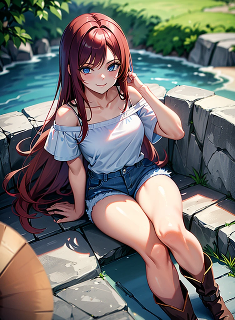 young girl of 15 years, long haired redhead with blue eyes, Short white off-the-shoulder shirt, bright blue short jean shorts, serious look, sitting, SMILE, smiling, short brown boots with white