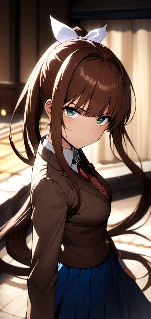 Angry Monika
Masterpiece, top quality, high resolution, highly detailed, detailed background, cinematic lighting, one woman, looking at viewer, monica, green eyes, brown hair, very long hair, ponytail, hair ribbon, white ribbon, , blazer, brown sweater, collared shirt, neck ribbon, blue skirt,  fully mad