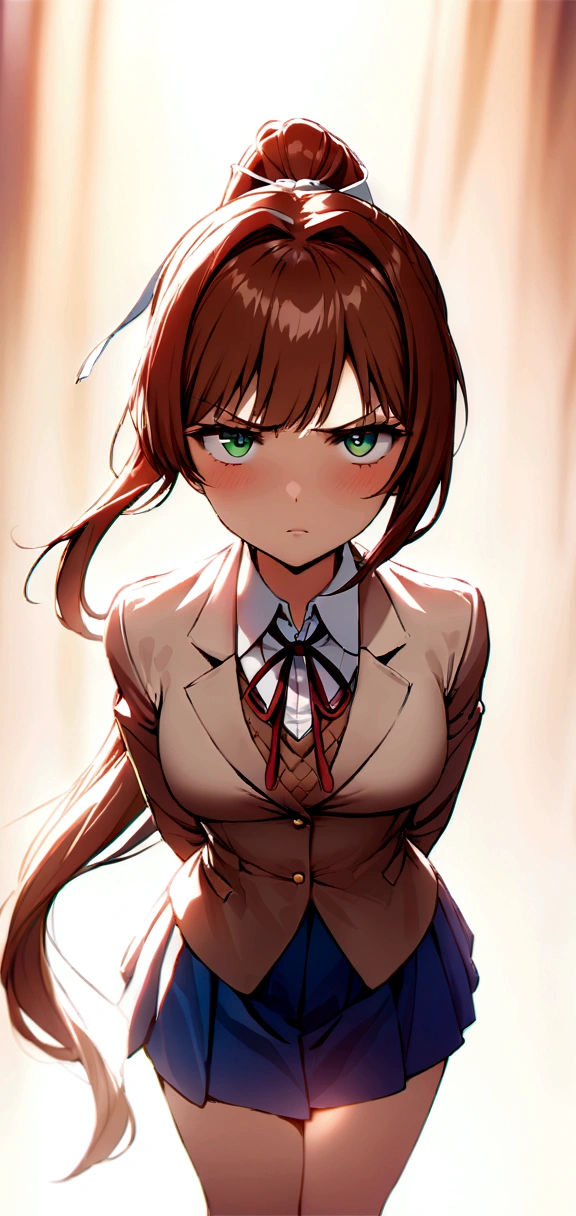 Angry Monika
Masterpiece, top quality, high resolution, highly detailed, detailed background, cinematic lighting, one woman, looking at viewer, monica, green eyes, brown hair, very long hair, ponytail, hair ribbon, white ribbon, , blazer, brown sweater, collared shirt, neck ribbon, blue skirt,  fully mad