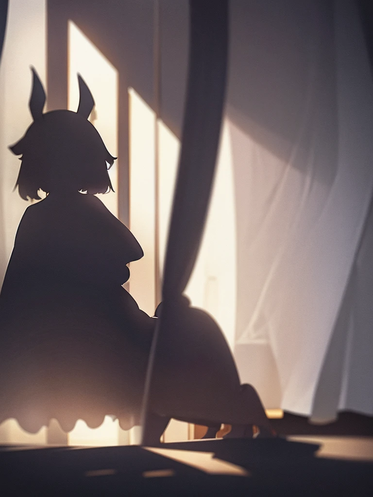 In a house , couple silhouette , rabbit ear girl , (Shadows seen through the curtains:1.2) , doggy style hard core silhouette , orgasm , nudity , cum shot