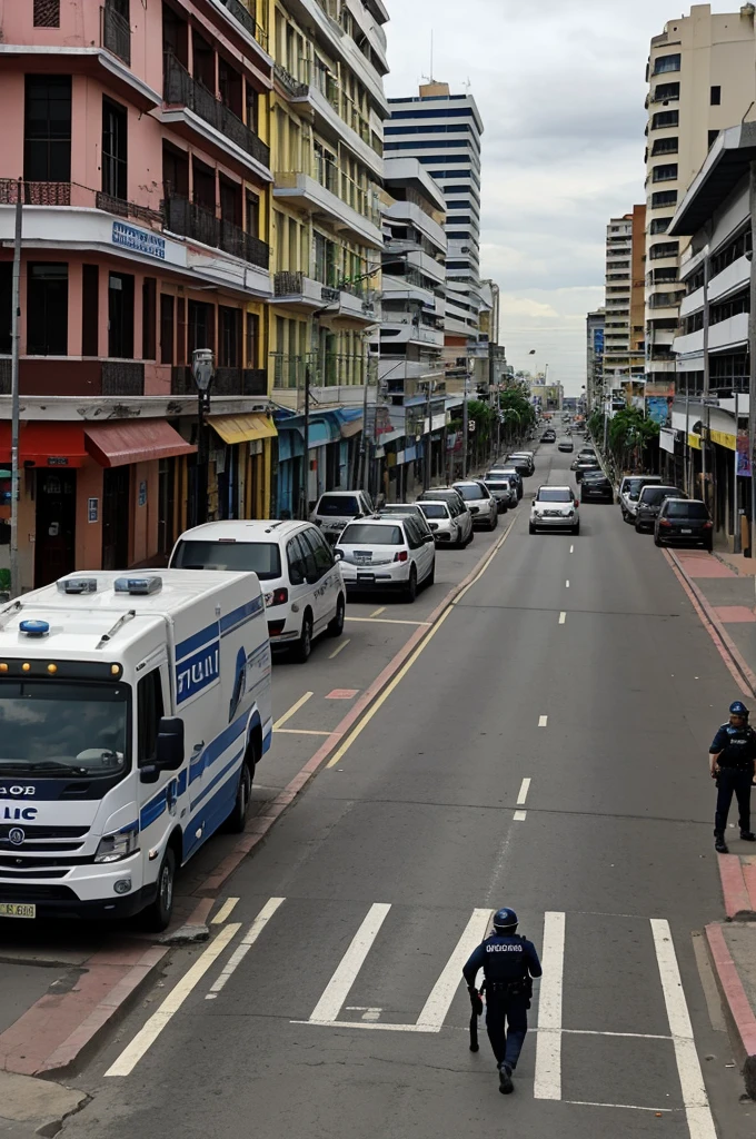 Juan Pueblo and insecurity**: Draw Juan Pueblo on a busy street in Guayaquil, with buildings and commercial premises. It shows Juan Pueblo witnessing an armed robbery, with police arriving at the scene. Includes details such as security cameras in the buildings and a surveillance drone, reflecting the rise of technology in security. Juan Pueblo could be using his cell phone to report the incident to the police, showing the importance of citizen collaboration.