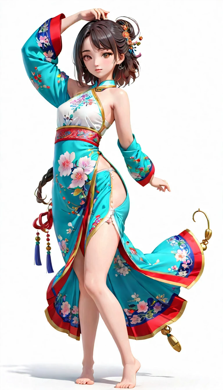 1girl,whole body, alone,White Background,(Beautiful girl face ,dress),(Oriental elements, Very colorful),3d，(standing split)，white panties