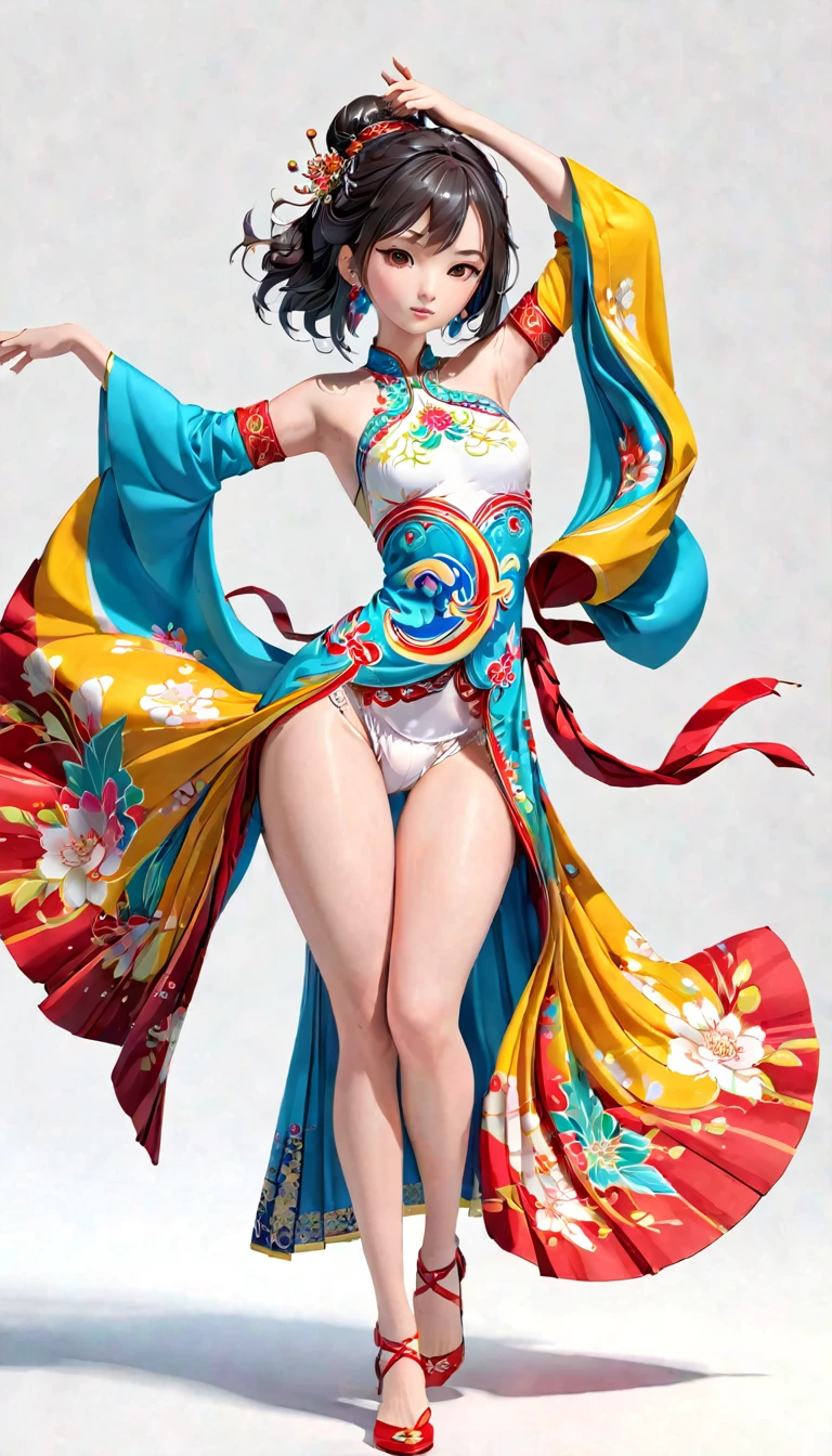 1girl,whole body, alone,White Background,(Beautiful girl face ,dress),(Oriental elements, Very colorful),3d,(standing split),white panties