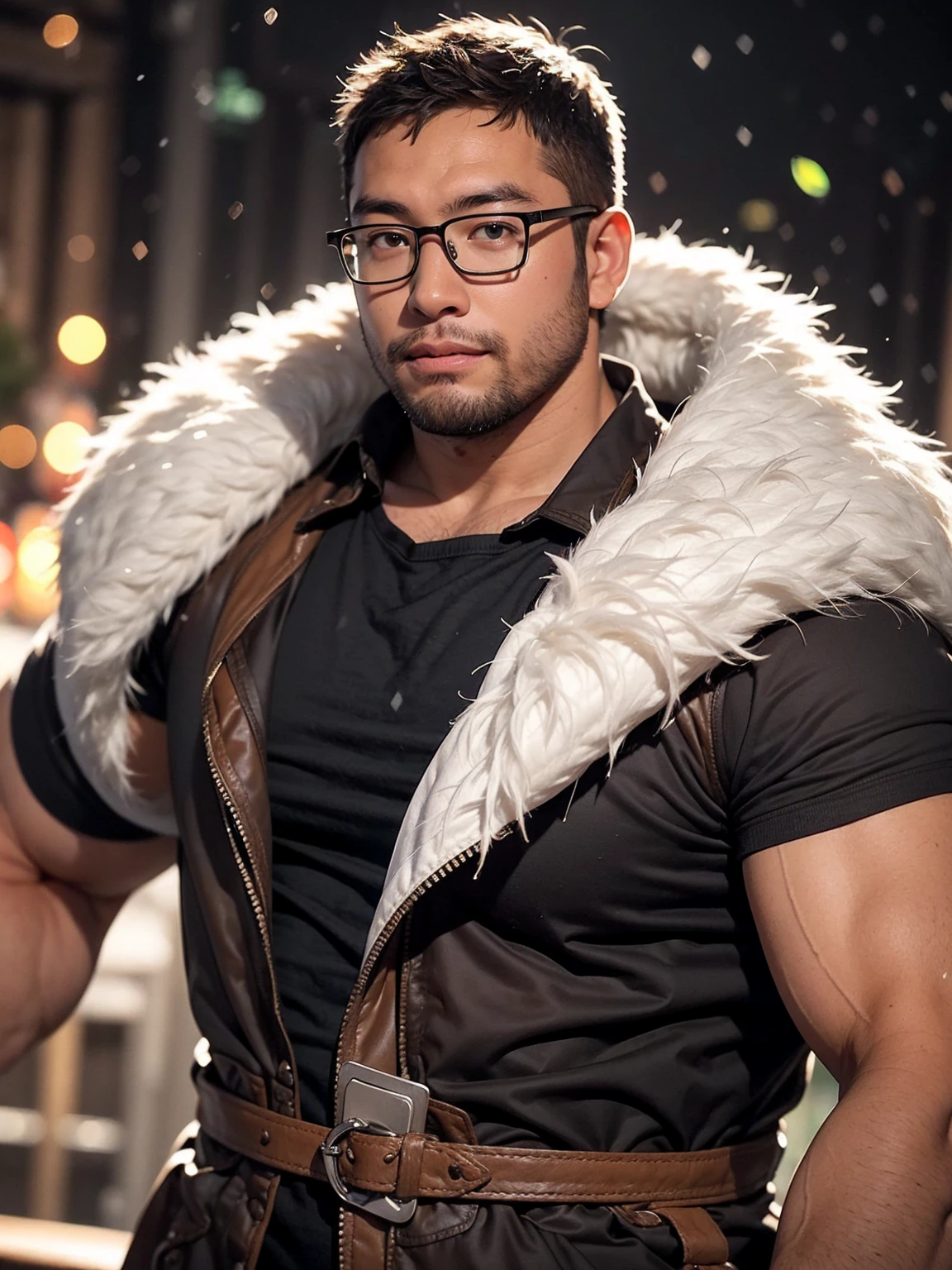 An award-winning original photo，a handsome 38-year-old man, crew cut, (((full body))), (((landscape))), mature man, [slightly fat], asian man, rounded face, brown eyes, ((rounded face)), glasses, fair skin tone, light skin tone, balding, 1boy, Solo, (big shoulders), musculature, (((stubbles, Short beard))), (Beautiful eyes:1.3), (Detailed face:1.3), wearing glasses, Dynamic Angle, volumetric lighting, (Best quality, A high resolution, Photorealistic), Cinematic lighting, Masterpiece, RAW photo, Intricate details, (extremely detailed 8k wallpaper), masterpiece 16k photo, a viking costume, north pole, warm outfit, fluffy outfit, snowing, bare chest, pump chest, fur waist, fur shoes, (((action pose))),