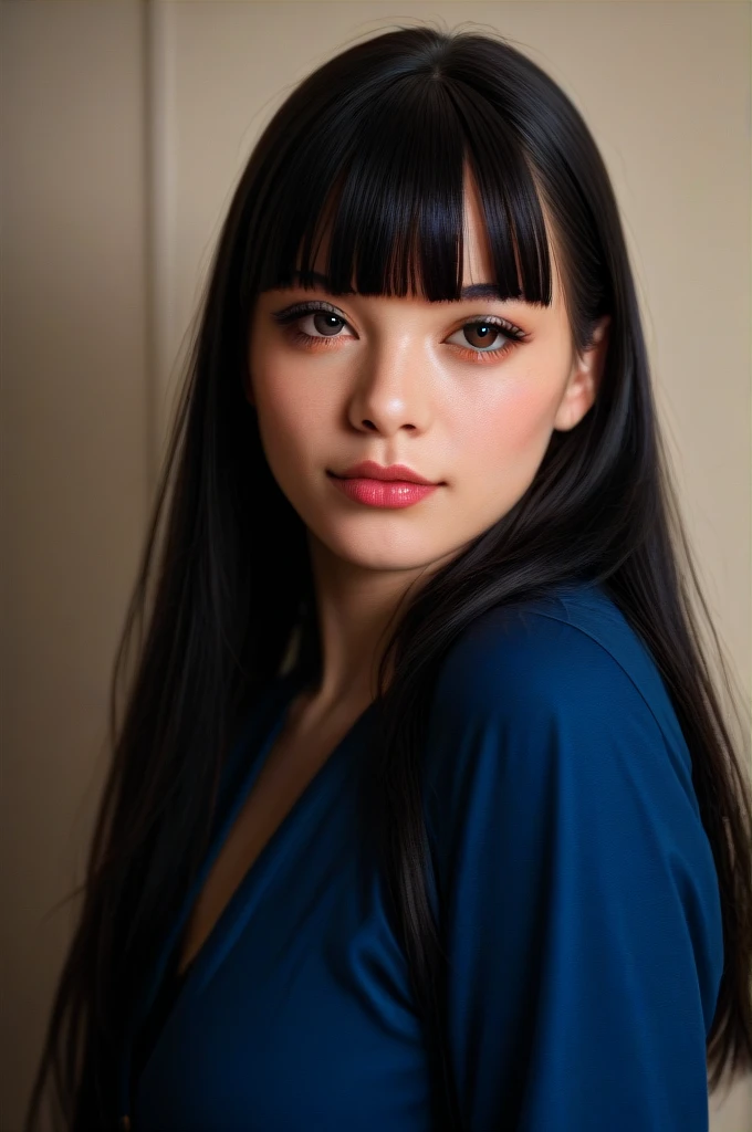 a 22yo American woman with long black hair,dark blue and dark black,realistic color palette, soft-focused realism,black hair, long hair, blunt bangs