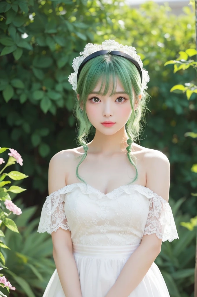 beautiful japanese girl (whole body:1.5) (shiny green hair:1.5) long straight hair asymmetrical bangs big magic eyes high resolution black eyes shiny soft skin pale pink lip Relaxed smile White Princess Dresses Detailed and perfect clavicle beautiful high resolution breasts dense and beautiful legs sitting on a wooden bench blue sky sunlight young body professional lighting professional photographer
