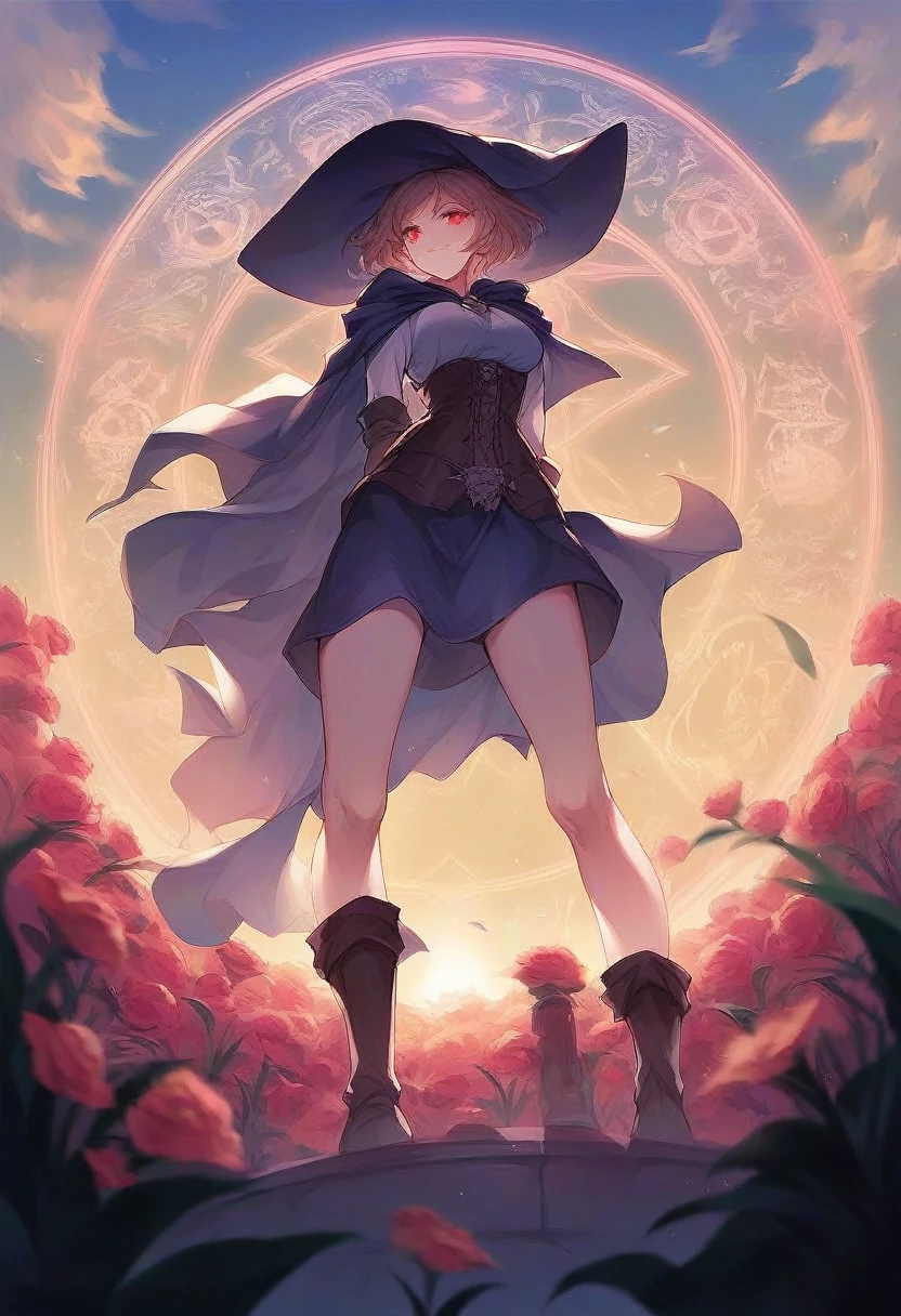 score_9, score_8_up, score_7_up, score_6_up, score_5_up, score_4_up .Portrait image. Soft anime tones. Low angle view. Looking over shoulder. Beautiful 1woman. Mage. Magic circle. Flowing cloak, tunic, gloves, skirt, corset, boots. Highly detailed face, short hair, highly detailed red eyes. Curvy. Open field of flowers. Blurred background. Sunset. Natural light enhancing contours of her body... Sunrise. Sky is gradient blue and purple. Smile. . Clouds. Witch hat. Hand behind back