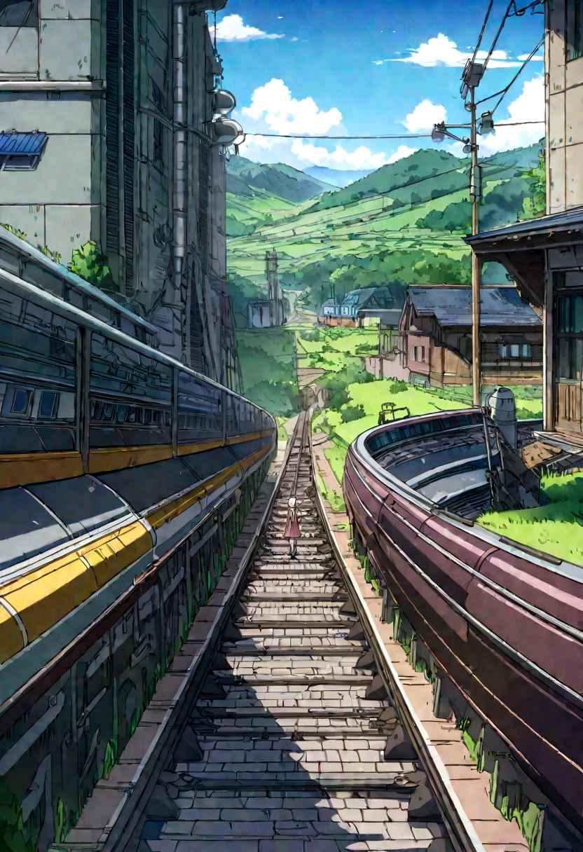 Power plant、substation、train、landscape、Anime Background、blue sky、Art Style, Best Anime 8K, pixiv Contest Winner, Perfect Anatomy, break,break,8K,Cute illustrations,Photoshop_(Moderate),Absurd Hi-Res,Ultra-high resolution,Textured skin