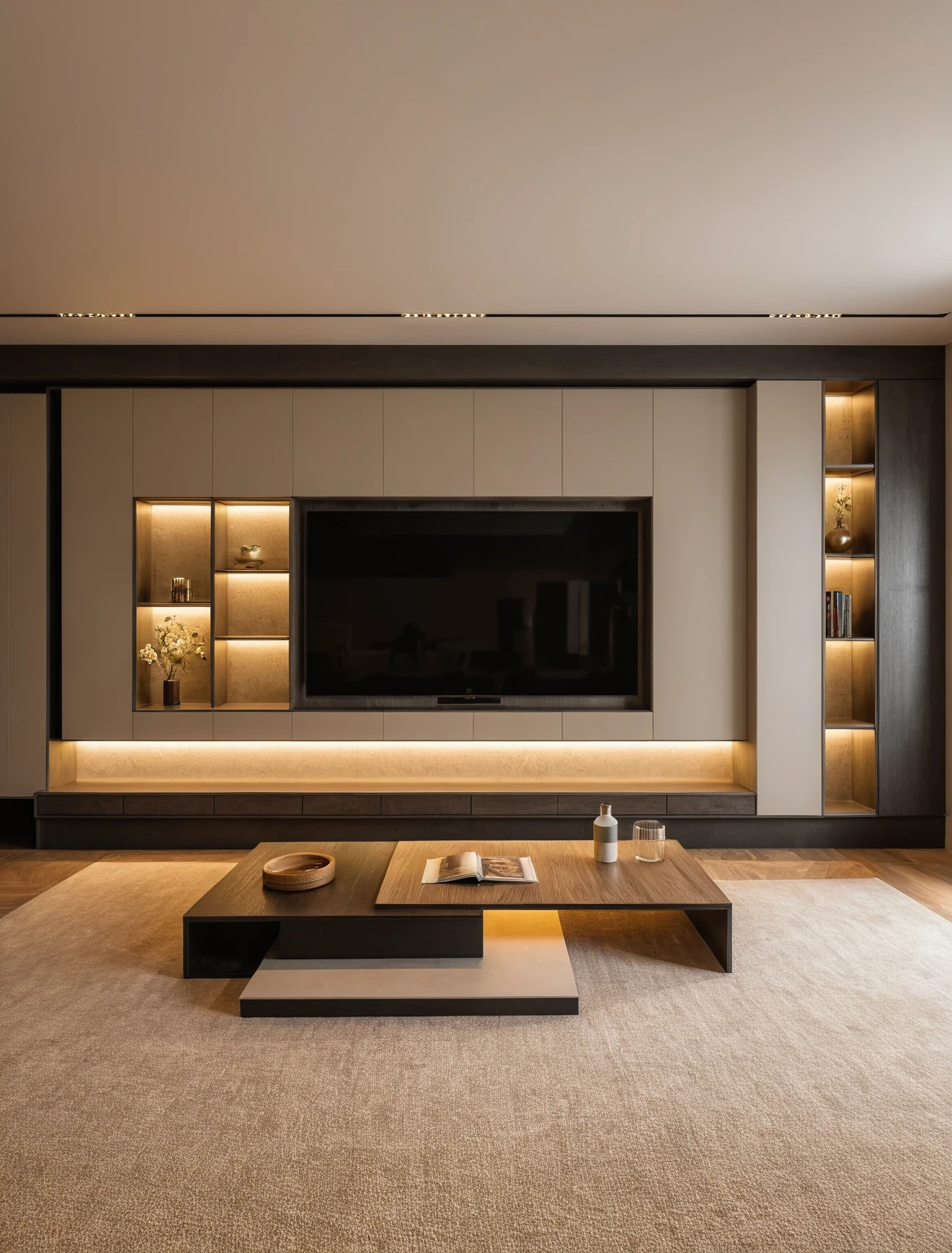 Raw photo,Masterpiece, high quality, best quality, authentic, super detail, interior , sunset, daylight, Modern luxury style living room, TV cabinet, TV, decorative cabinet, books, flower vases, bottles, tea table, tray, wine bottle, open book, carpet, wooden floor