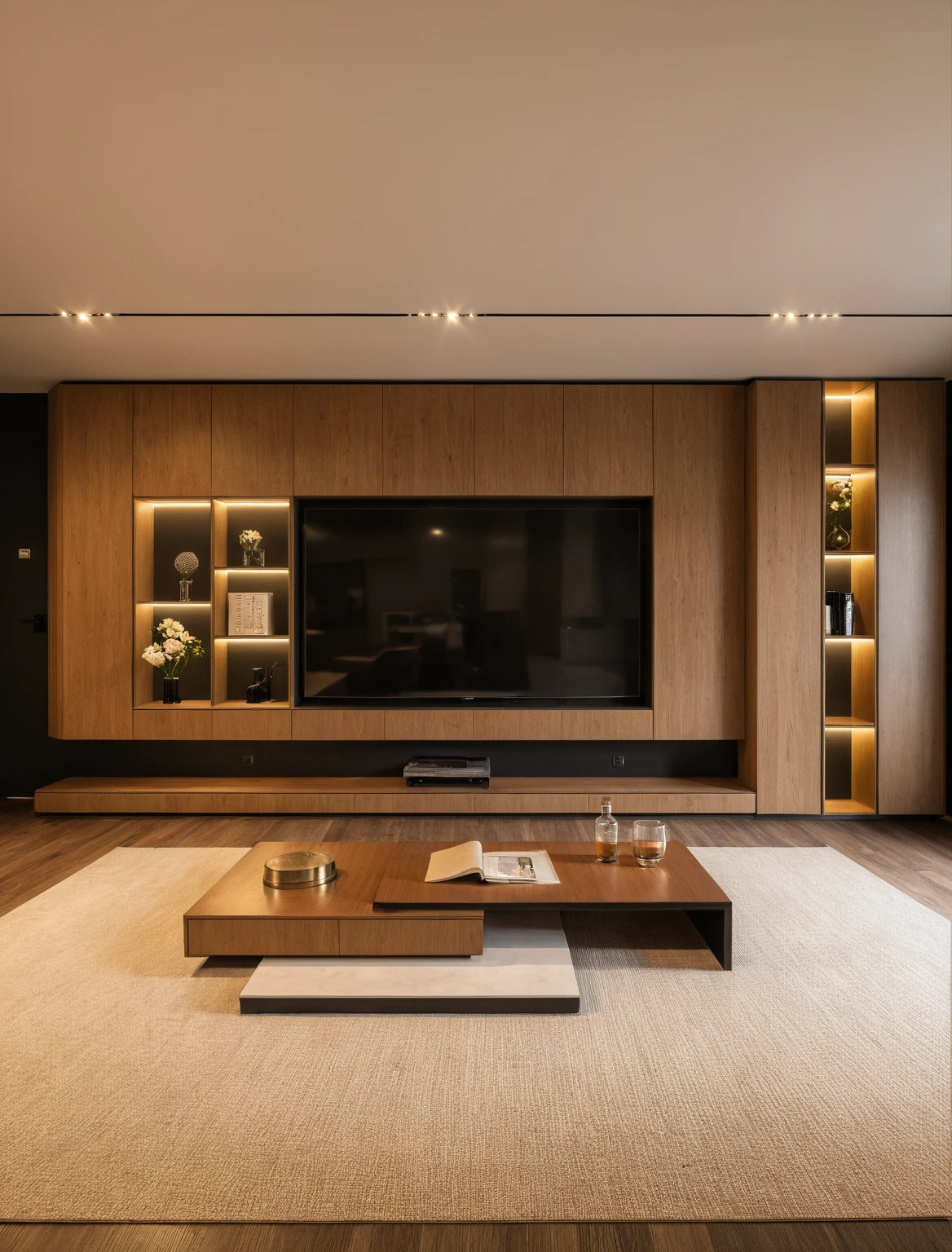 Raw photo,Masterpiece, high quality, best quality, authentic, super detail, interior , sunset, daylight, Modern luxury style living room, TV cabinet, TV, decorative cabinet, books, flower vases, bottles, tea table, tray, wine bottle, open book, carpet, wooden floor