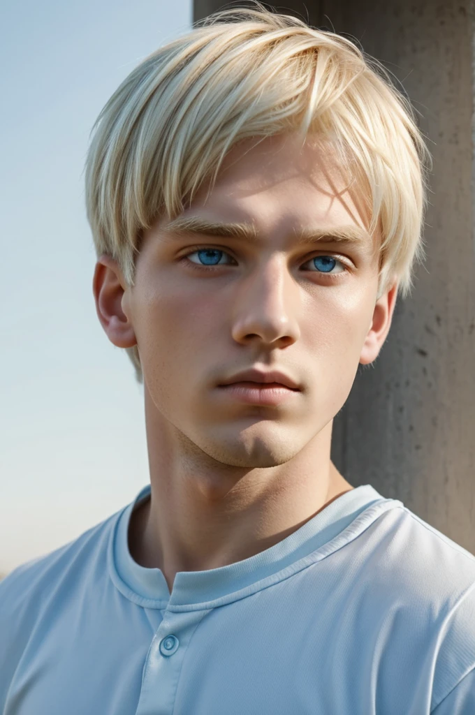Mysterious but popular boy with pastel sky blue eyes with blonde hair and tall with expressionless face