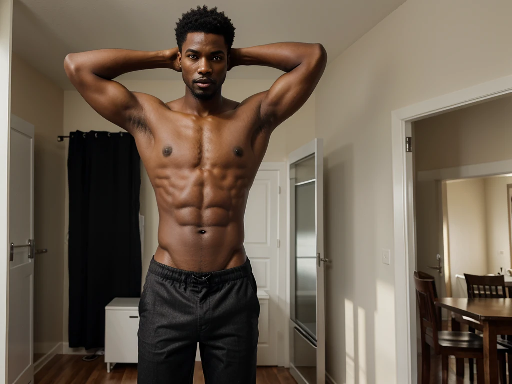 tall fit black man standing with arms on waist with no shirt on and in underwear, showing whole body
