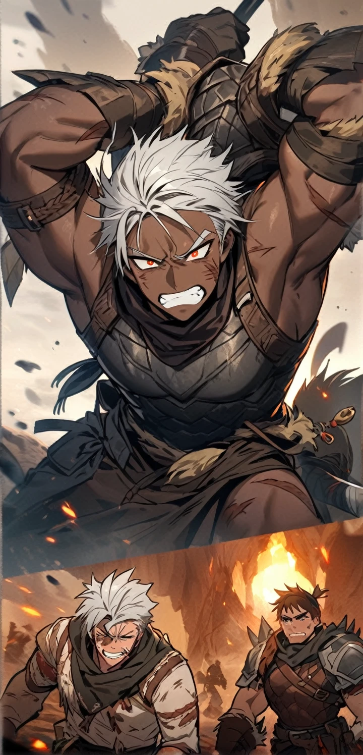 1 person,African black,Expression of indifference,Dark black skin,Handsome man, Silver hair tied behind the body,Silver-haired monster hunter,Both eyes are amber like a cat,There are some injuries on the face,Rugged,muscular,Worn-out clothes、Black leather armor with battle scars,It is decorated with trinkets and trophies from past hunts.,There are claw marks and teeth embedded in the leather armor., Amber glowing eyes, Amber Halo, Handsome, high quality,