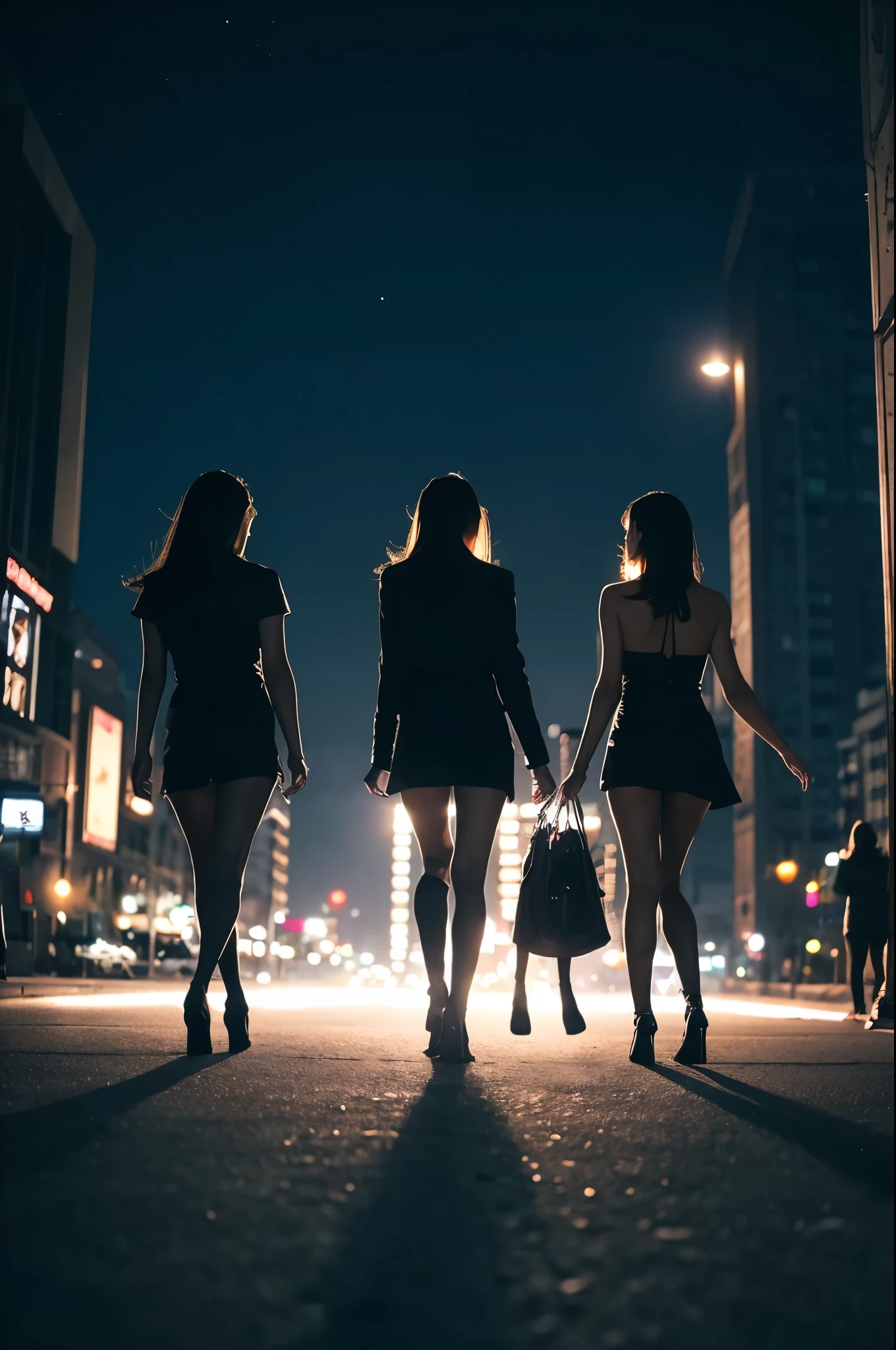 Three pretty, beautiful women in sexy black clothing are walking backwards, disappearing into a night cityscape. The scene is melancholic and introspective, with long shots and fade-outs creating a sense of closure. The background is a starry and moonlit cityscape at night.