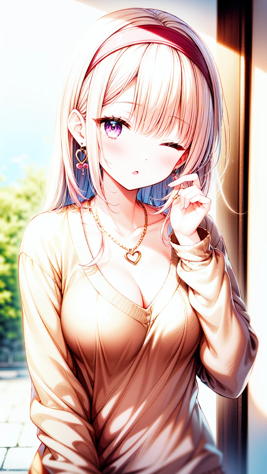 1girl, jewelry, solo, earrings, looking_at_viewer, long_hair, heart_earrings, hairband, purple_eyes, white_hair, pink_hairband, bangs, ;o, one eyes closed, upper_body, necklace, collarbone, blush, parted_lips, sweater, long_sleeves, heart, sleeves_past_wrists, open_mouth, shirt, pink_shirt, hand_up, pink_sweater, blurry, cleavage cutout