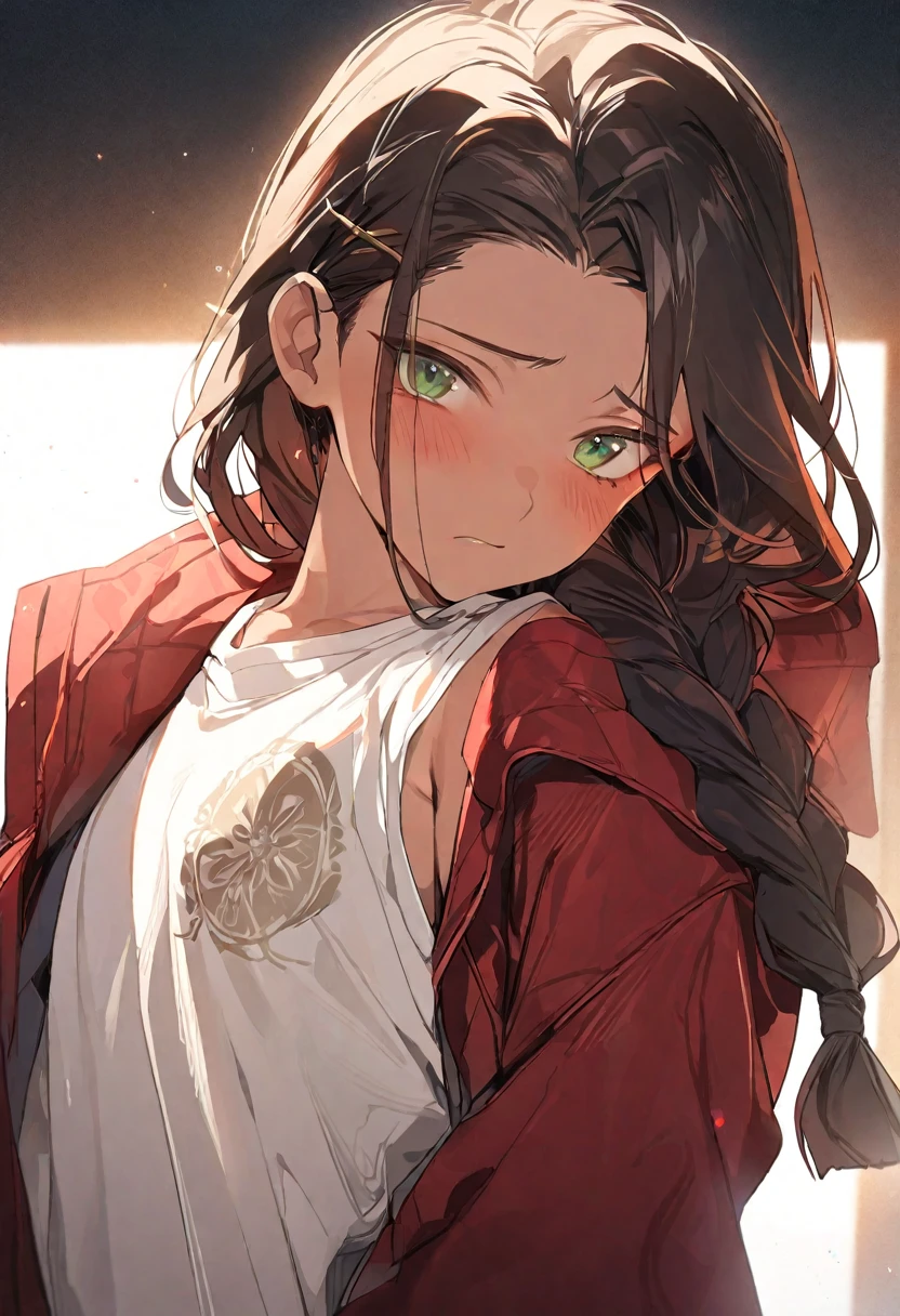 Masterpiece, Best quality, high resolution, high quality, 1 boy, Alone, looking at viewer, Upper body, anime, ************, Egyptian descent, very handsome, very feminine appearance, tanned skin, slanted green eyes, long hair chestnut hair tied up in a braid, sad expression, white V-shirt and red jacket.