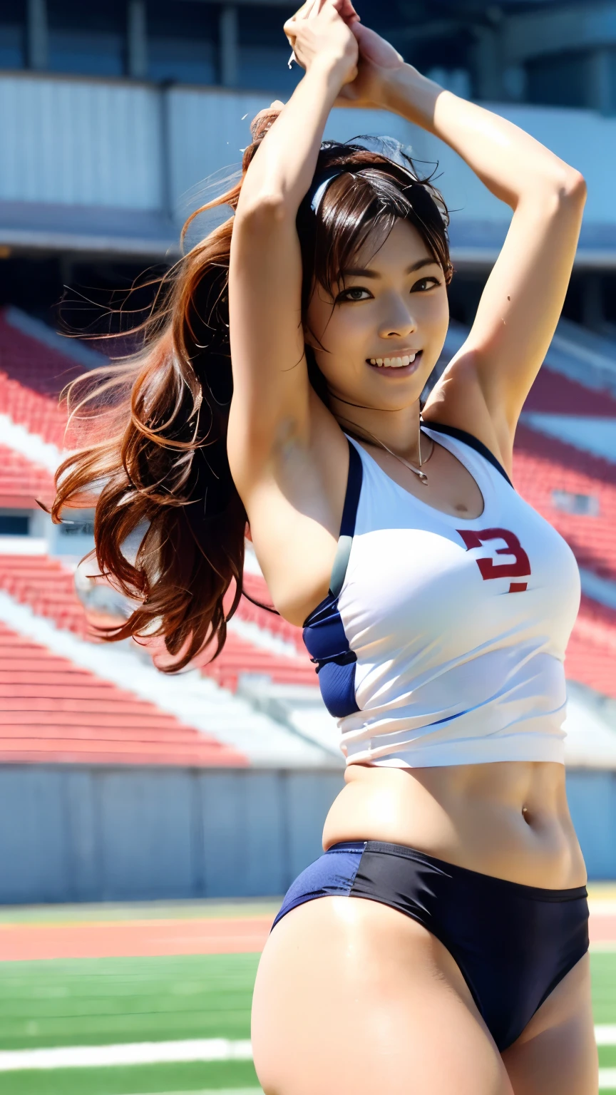 (((highest quality、8k、Realistic:1.4、masterpiece)))、Backlight、Beautiful girl with highly detailed facial texture、18-year-old((Stadium Background:1.2))、Shyness、Open your mouth、Shiny blonde hair and 長さ hairstyle、blonde,Squatting cowgirl、ribbon。Twin tails。Kneel。Blonde beauty with legs spread。Spread your legs wide。The genitals are wet。The nipples are erect。Embarrassed expression。sweating。I can see your nipples。Play sports often。No underwear。Genitals are visible。Raise your arms to show your sides。Shyness。Completely naked。Childish。Baby Face。Looking down at the viewer。A perspective looking up at the model from between her legs。 body type。
