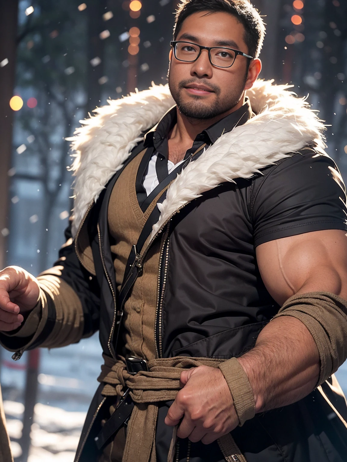 An award-winning original photo，a handsome 38-year-old man, crew cut, (((full body))), (((landscape))), mature man, [slightly fat], asian man, rounded face, brown eyes, ((rounded face)), fair skin tone, light skin tone, balding, 1boy, Solo, (big shoulders), musculature, (((stubbles, Short beard))), (Beautiful eyes:1.3), (Detailed face:1.3), wearing glasses, Dynamic Angle, volumetric lighting, (Best quality, A high resolution, Photorealistic), Cinematic lighting, Masterpiece, RAW photo, Intricate details, (extremely detailed 8k wallpaper), masterpiece 16k photo, a viking costume, north pole, warm outfit, fluffy outfit, snowing, bare chest, pump chest, fur waist, fur shoes, (((action pose))),