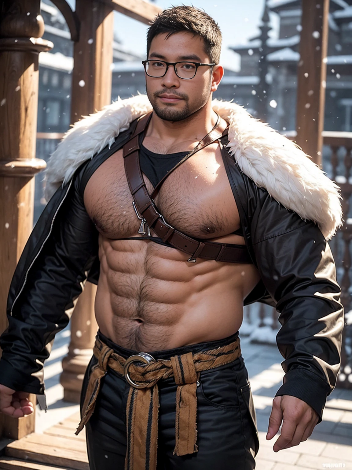 An award-winning original photo，a handsome 38-year-old man, crew cut, (((full body))), (((landscape))), mature man, [slightly fat], asian man, rounded face, brown eyes, ((rounded face)), fair skin tone, light skin tone, balding, 1boy, Solo, (big shoulders), musculature, (((stubbles, Short beard))), (Beautiful eyes:1.3), (Detailed face:1.3), wearing glasses, Dynamic Angle, volumetric lighting, (Best quality, A high resolution, Photorealistic), Cinematic lighting, Masterpiece, RAW photo, Intricate details, (extremely detailed 8k wallpaper), masterpiece 16k photo, a viking costume, north pole, warm outfit, fluffy outfit, snowing, bare chest, pump chest, fur waist, fur shoes, (((action pose))),