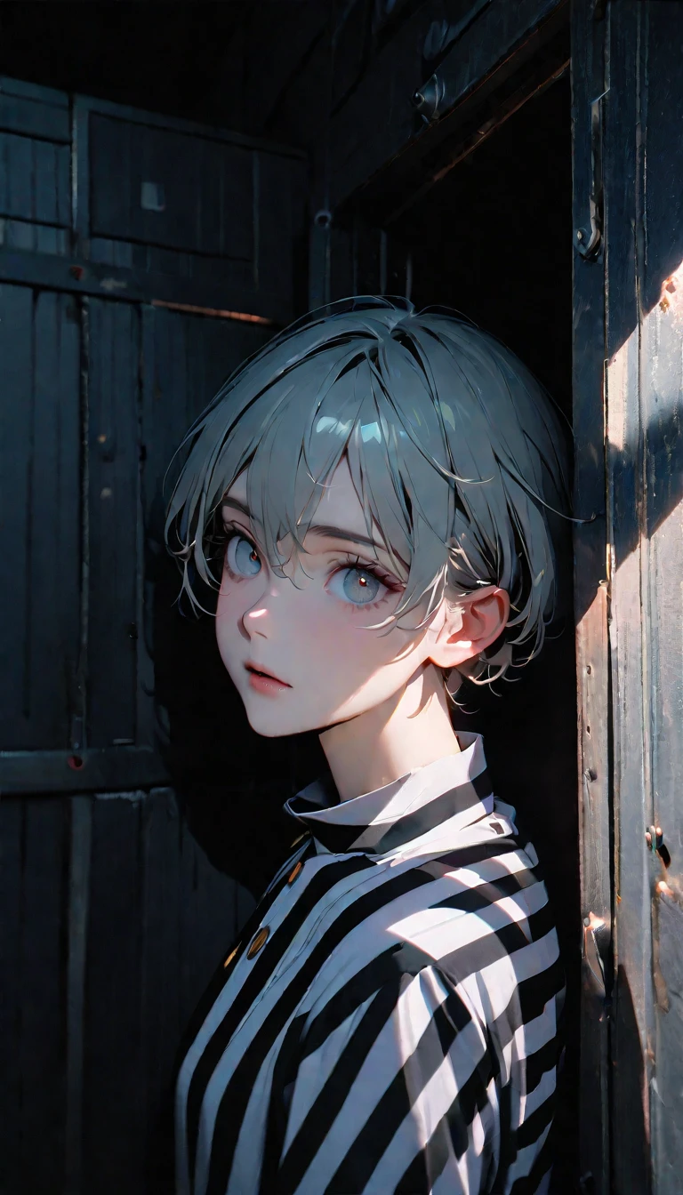 (8K, RAW photos, best quality, masterpiece: 1.4), (((The boy breathed a sigh of relief)))，Ultra-high resolution, Extremely detailed, Dim Lights, Upper body close-up, handsome boy, black eyes, (delicate eyes, Eyes are bright:1.2), Gray short hair, Fair skin,dark, Black and white striped prison uniform,Black and white striped prison pants,(perfect ???????:1.2), High-quality shadows, Natural Lighting, (White highlights:1.2), night, cloudy day, (Dimly lit cells:1.2), (Metal walls all around:1.2)
