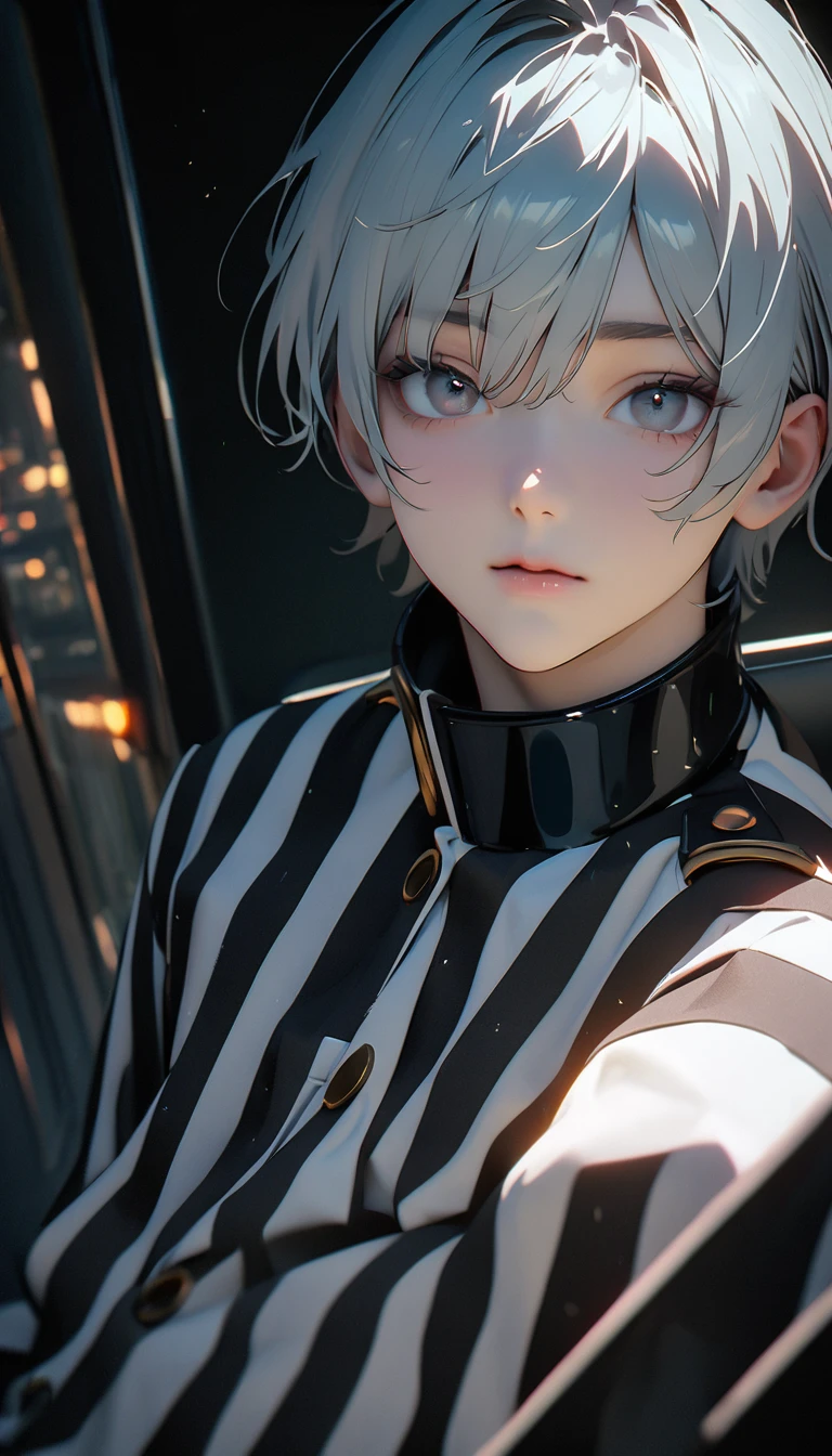 (8K, RAW photos, best quality, masterpiece: 1.4), (((The boy breathed a sigh of relief))),Ultra-high resolution, Extremely detailed, Dim Lights, Upper body close-up, handsome boy, black eyes, (delicate eyes, Eyes are bright:1.2), Gray short hair, Fair skin,dark, Black and white striped prison uniform,Black and white striped prison pants,(perfect anatomy:1.2), High-quality shadows, Natural Lighting, (White highlights:1.2), night, cloudy day, (Dimly lit cells:1.2), (Metal walls all around:1.2)