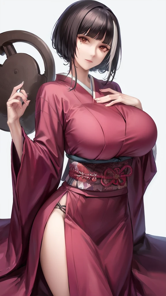 mole under eye,short hair-hairstyle,
(japanese clothes:1.28),
lady,mature female, cowboy shot,
(white background,simple background:1.18),
highres,official art,original,masterpiece,best quality,
(huge breasts:0.8),