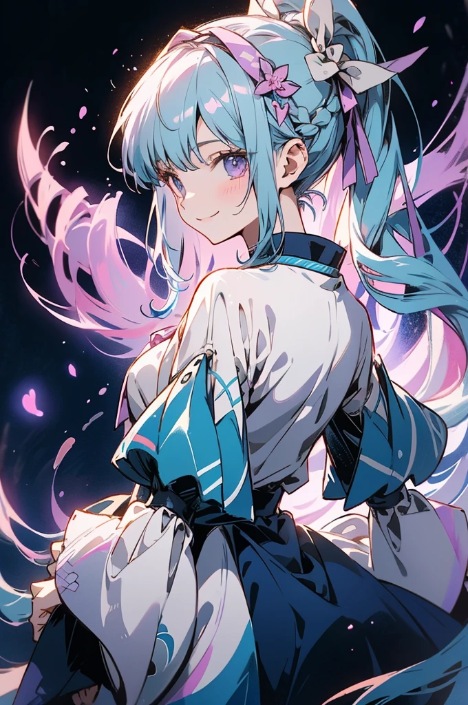 Beautiful light blue hair with a long ponytail and lilac tips. An anime girl wearing a white fir shirt with a long ponytail and a big hairband、A happy and lively character standing on a simple and abstract dark blue background looking back。, close( Perfect Anatomy )
beautifully、Very fine texture,detailed, bright, High quality animated style presentation