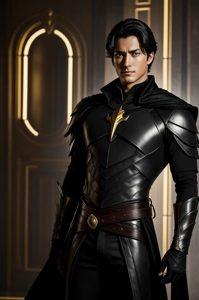 A two-meter-tall, black-haired, golden-eyed male duke with powers of darkness and a possessive personality., dominant, cold, calculator and manipulator, but being the most beautiful man in the kingdom