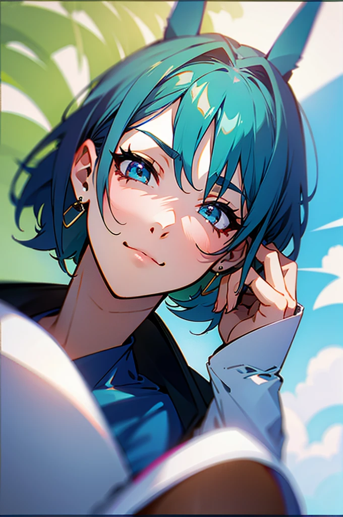 masterpiece, Highest quality, High resolution, Dragon Ball, Bull Pony, Aqua Hair,short hair、 Black Bunny Girl、Blue tights、Black rabbit earrings、Please show me your whole body from head to toe、Pig walking