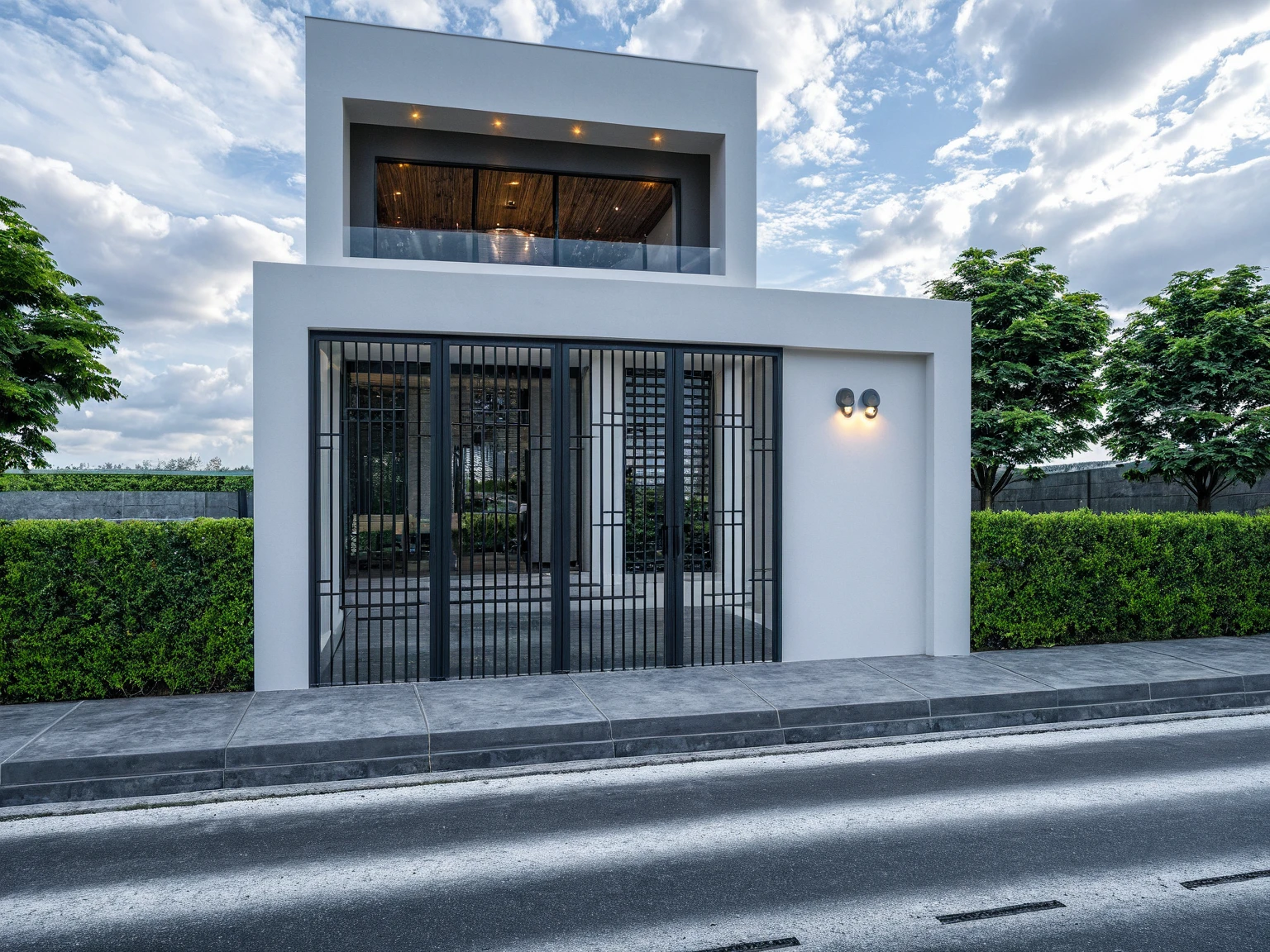 Raw photo, masterpiece, high quality, best quality, realistic, super detailed, outdoor, " 2-storey house " , modern Mezzanine house style, (white wall), curved wall facade, aluminum interior door glass, curved planter, gray tiled accent wall, gray iron box exterior gate, road, sidewalk, grass, trees, sky, clouds, (daylight):1.1)